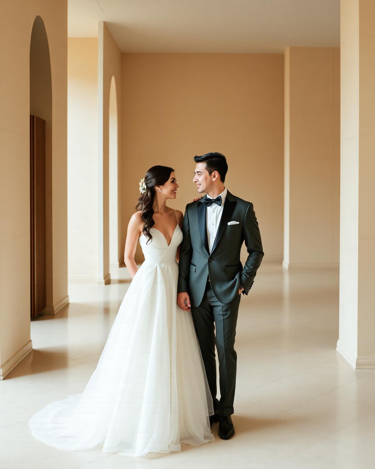 Couple portrait in a soft-lit architectural hallway